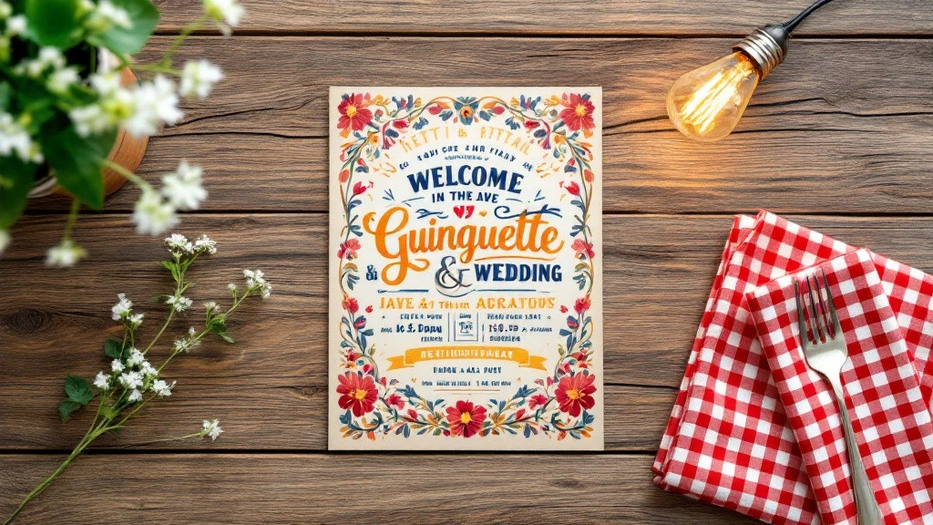 Faire-part de mariage festif et convivial au style guinguette, avec des couleurs vives et une typographie rétro. Il est posé sur une table en bois rustique, accompagné d’une serviette à carreaux rouges et d’un éclairage guinguette, évoquant une ambiance chaleureuse et joyeuse, idéale pour un mariage champêtre et animé.