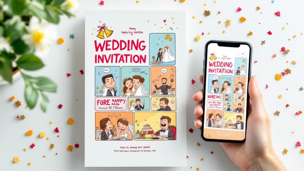 Faire-part de mariage humoristique et décalé au format bande dessinée, illustrant des scènes amusantes du couple. Une version numérique est affichée sur un smartphone, offrant une alternative moderne et interactive. Les confettis colorés autour du faire-part ajoutent une touche festive et joyeuse, parfaite pour un mariage original et convivial.