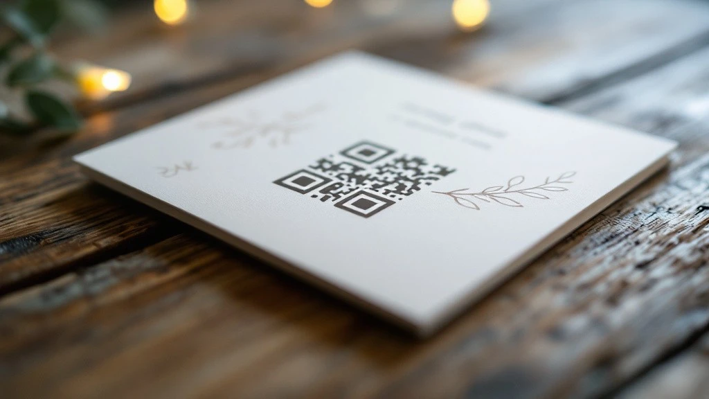 Faire-part de mariage hybride avec un QR code intégré, imprimé sur un carton élégant avec des illustrations végétales minimalistes. Posé sur une table en bois rustique avec une lumière tamisée en arrière-plan, ce faire-part moderne combine le charme du papier avec la praticité du numérique pour un accès rapide aux informations du mariage.