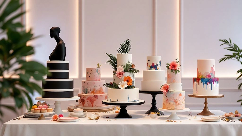 Gâteau de mariage : Table élégante présentant une sélection de gâteaux de mariage artistiques, décorés de fleurs, de motifs peints et d’un design moderne, avec un gâteau noir et blanc surmonté d’une sculpture stylisée