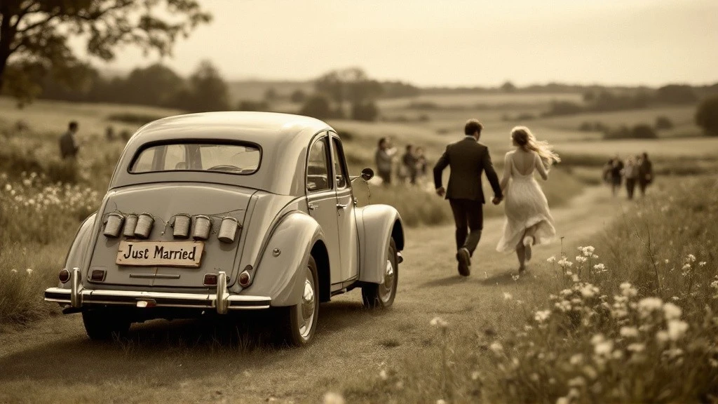 Voiture ancienne pour mariage Citroën Traction avec panneau 'Just Married', décorée de boîtes métalliques, sur une route de campagne avec les mariés s’éloignant main dans la main.