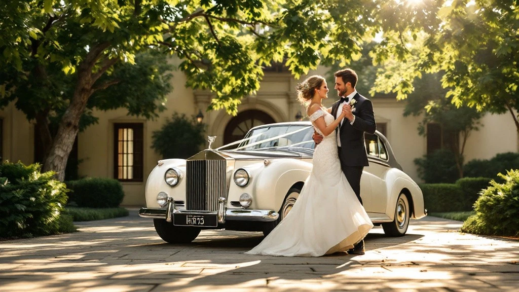 Mariés dansant devant une voiture ancienne pour mariage, une Rolls-Royce Silver Cloud blanche, dans un cadre élégant et romantique sous les arbres.