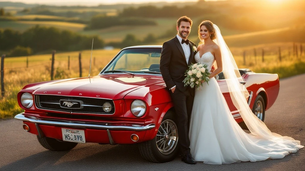 Mariés élégants posant devant une voiture ancienne pour mariage, une Ford Mustang rouge, sur une route de campagne au coucher du soleil pour un shooting mémorable.