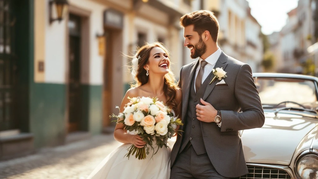 Mariés souriants devant une voiture ancienne pour mariage, une Peugeot 403 Cabriolet, dans une rue pavée au coucher du soleil pour un shooting romantique.