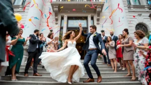 Musique pour la mairie : Un couple de jeunes mariés danse joyeusement sur les marches de la mairie, entouré d’amis et de famille applaudissant sous une pluie de confettis colorés, célébrant leur union avec enthousiasme.