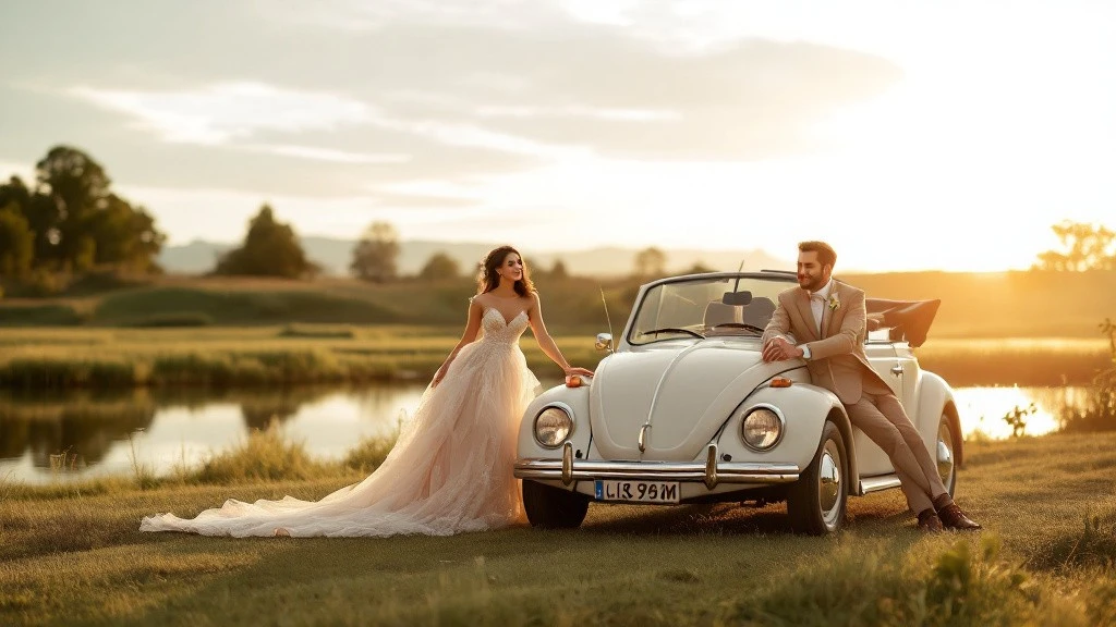 Mariés posant devant une voiture ancienne pour mariage, une Volkswagen Coccinelle Cabriolet blanche, au coucher du soleil près d’un lac pour un shooting romantique.