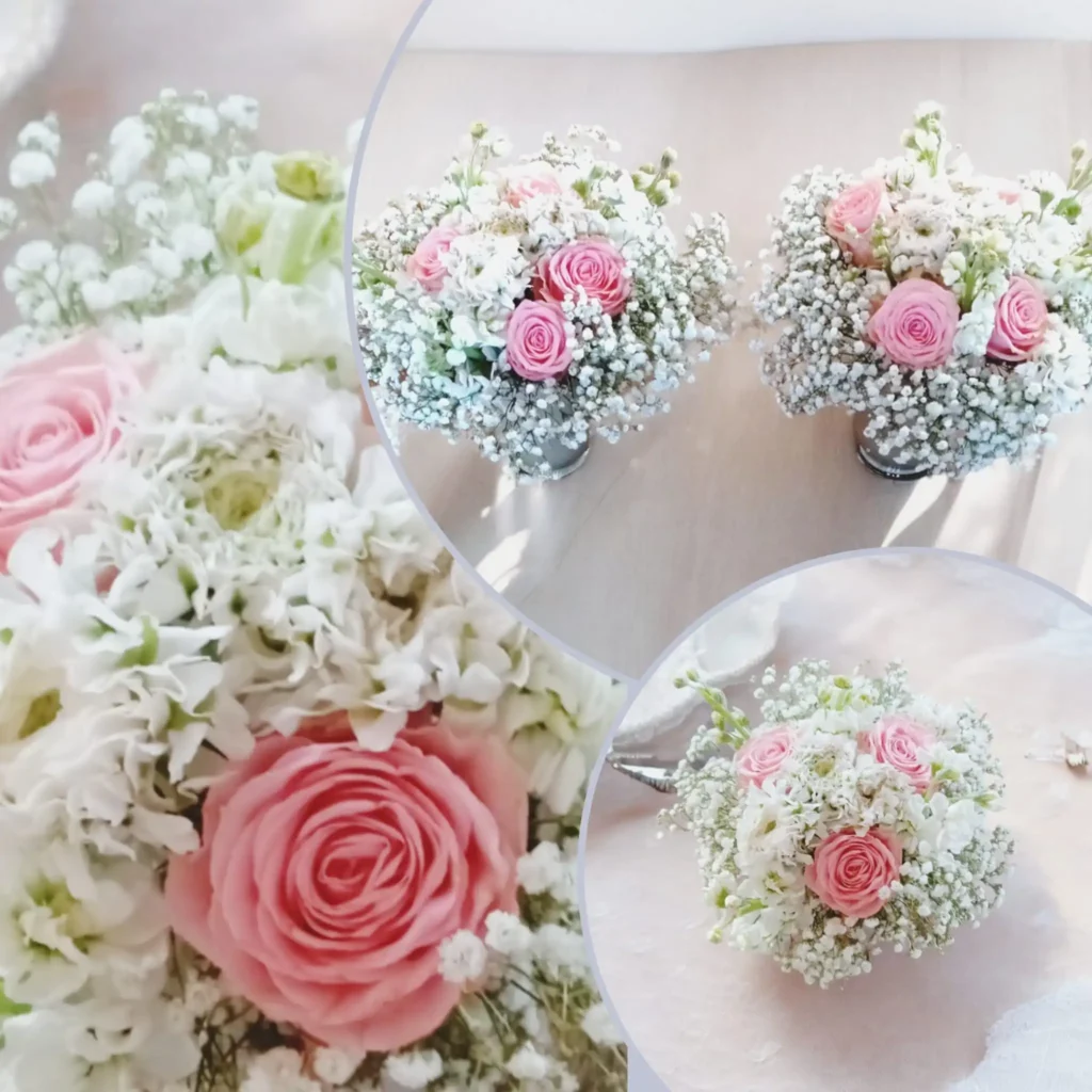 Bouquet de mariage raffiné avec des roses roses et du gypsophile, idéal pour une décoration florale élégante.