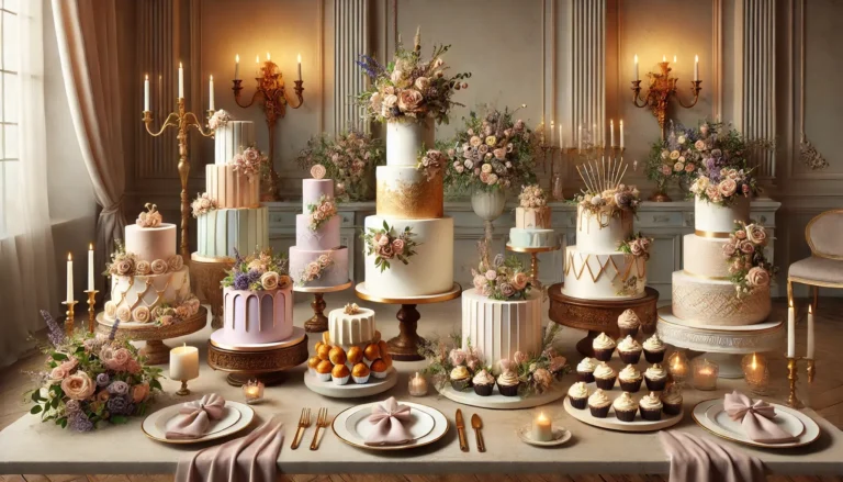 Magnifique présentation de plusieurs styles de gâteaux de mariage tendance en 2025, incluant une pièce montée traditionnelle en choux caramélisés, un wedding cake moderne à étages avec des tons pastel, un naked cake décoré de fleurs fraîches, une tour de cupcakes élégants et un gâteau minimaliste aux formes géométriques. Le tout est disposé sur une table de réception raffinée, ornée de bougies et de compositions florales, créant une ambiance luxueuse et romantique.