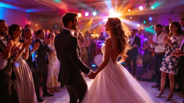 Un couple de jeunes mariés danse sous les lumières tamisées de la salle de réception, entouré d’invités applaudissant. L’ambiance festive est renforcée par un groupe live et un éclairage coloré, créant une atmosphère magique pour un mariage inoubliable.