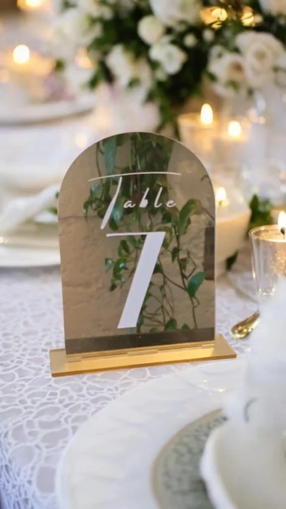 Élégant numéro de table en acrylique miroir avec écriture blanche, placé sur une table de mariage raffinée décorée de fleurs blanches et de bougies pour une ambiance romantique.