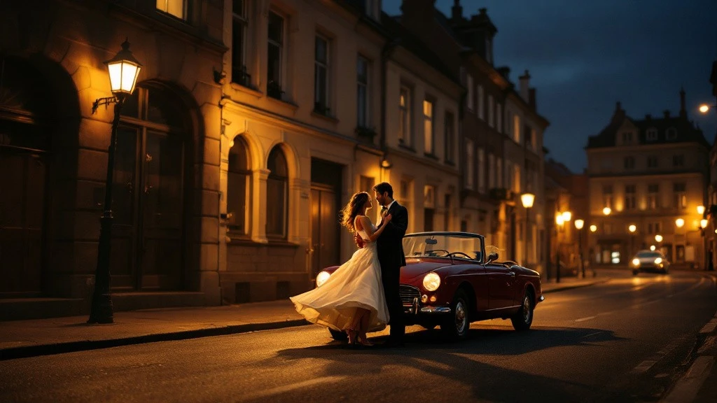 Mariés dansant dans une rue éclairée devant une voiture ancienne pour mariage, un cabriolet rouge, pour un shooting romantique et cinématographique de nuit.