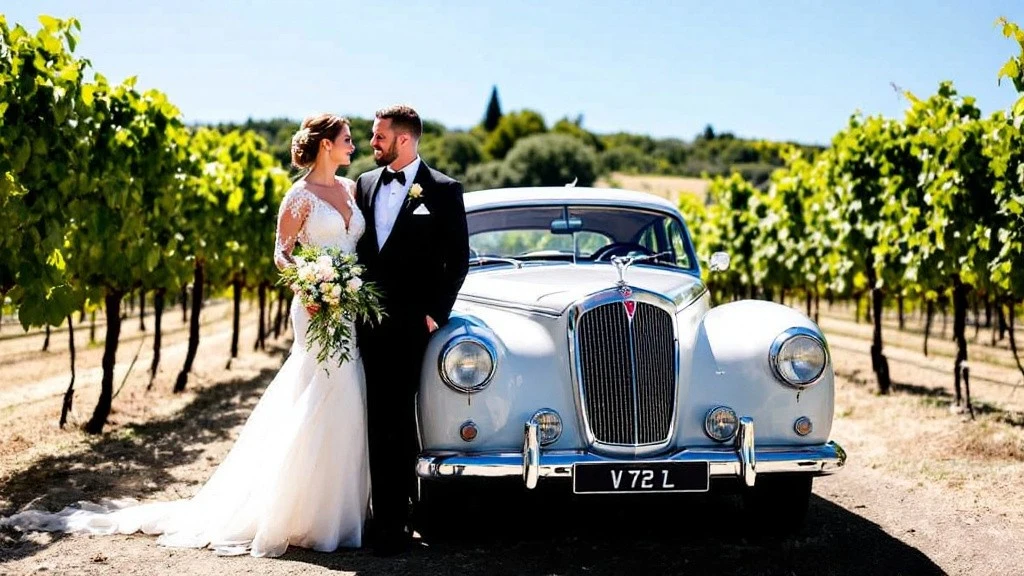 Mariés posant devant une voiture ancienne pour mariage dans un vignoble sous un ciel bleu, capturant un moment élégant et intemporel