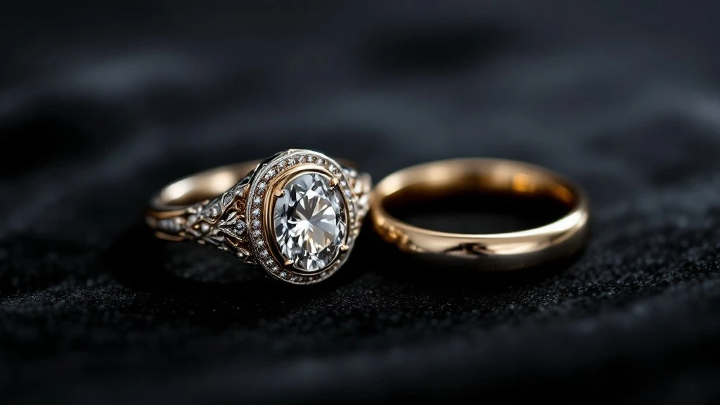 Comparaison entre une bague de fiançailles homme ornée d’un diamant et une alliance en or sobre, posées côte à côte sur un fond en velours noir. L’éclairage met en valeur les détails de la bague sertie et la simplicité élégante de l’alliance, illustrant la différence entre engagement et mariage