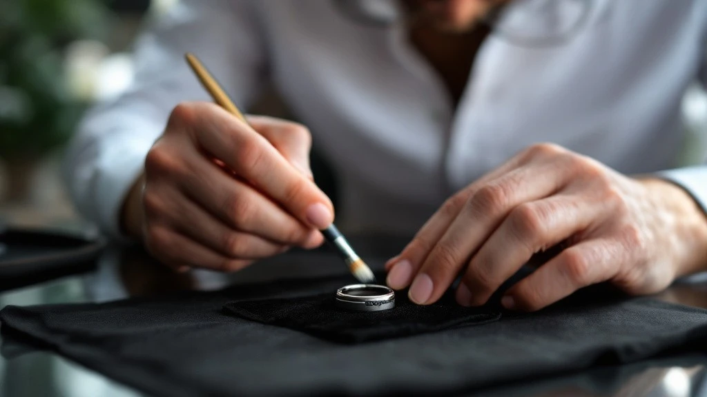 Un bijoutier nettoyant délicatement une bague fiancaille homme en argent avec un pinceau de précision. La bague repose sur un tissu noir, illustrant l’importance de l’entretien des bagues de fiançailles pour préserver leur éclat et leur longévité.