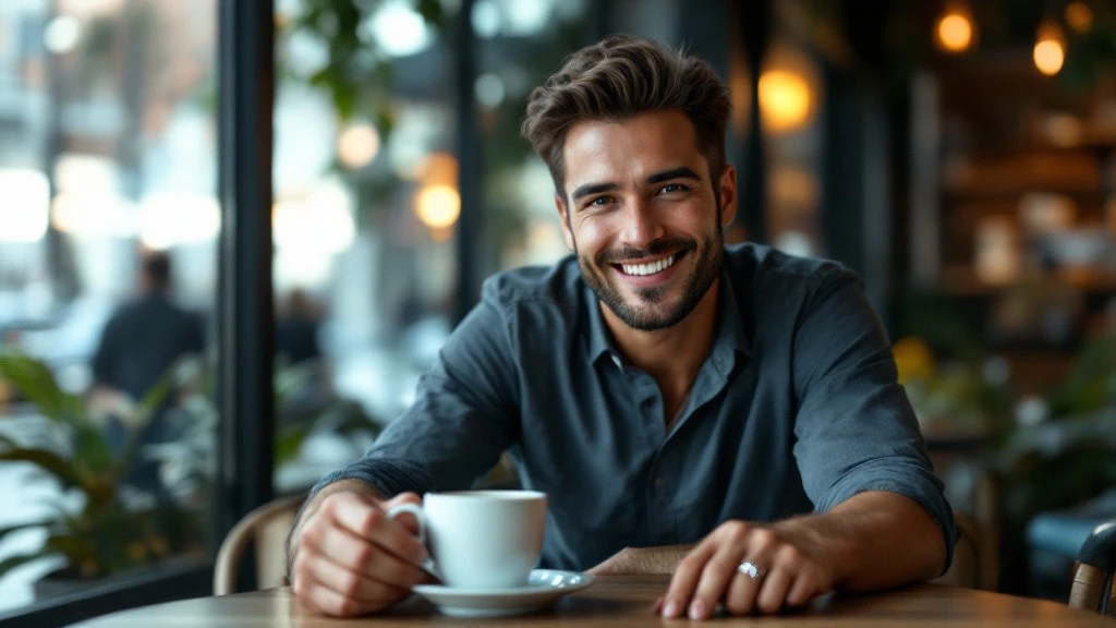 Un homme souriant, assis à une table de café, portant une bague fiancaille homme élégante à la main. Une scène naturelle et chaleureuse illustrant le port d’une bague de fiançailles masculine avec style et confiance.