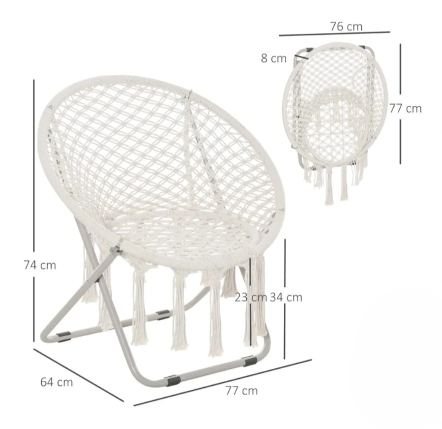 Dimensions du fauteuil Emmanuelle moderne en macramé blanc, idéal pour décoration de mariage bohème.