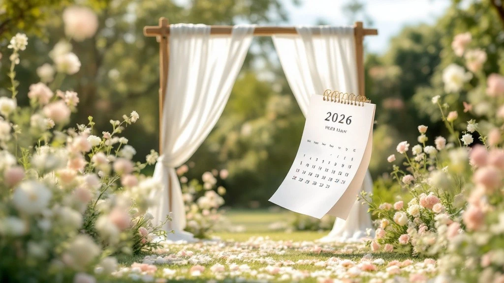 Calendrier 2026 suspendu dans une allée fleurie de cérémonie en plein air, symbole du choix de la date idéale pour un mariage 2026 romantique en Provence.