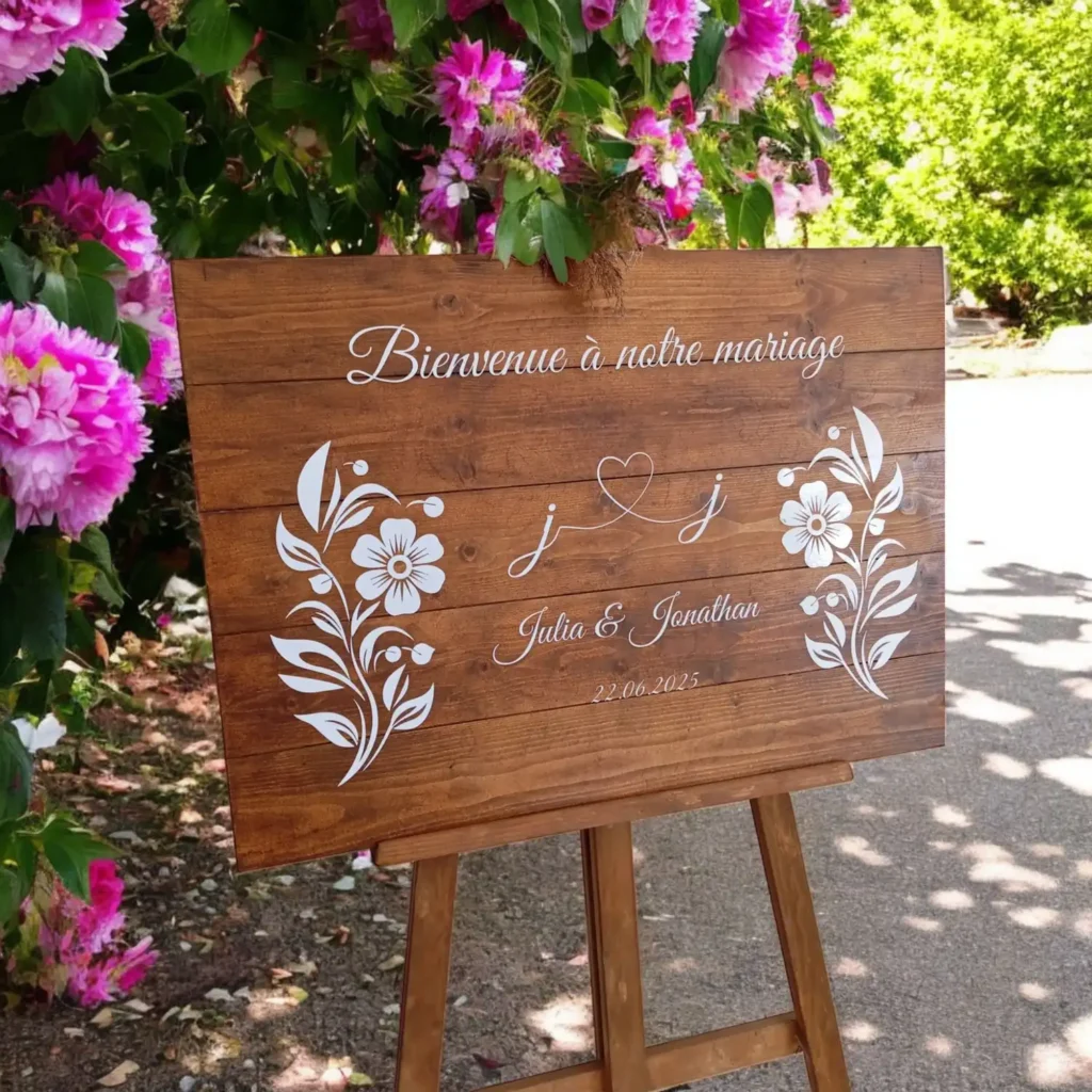 Panneau de bienvenue en bois personnalisé pour mariage, avec motifs floraux blancs et prénoms des mariés "Julia & Jonathan", exposé en extérieur près de fleurs roses – date du mariage : 22 juin 2025
