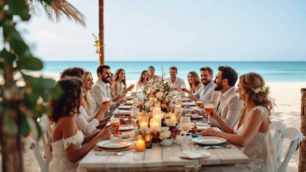 Petit mariage au restaurant, belles tables sur le sable en bord de l'eau avec des mariés et des invités heureux