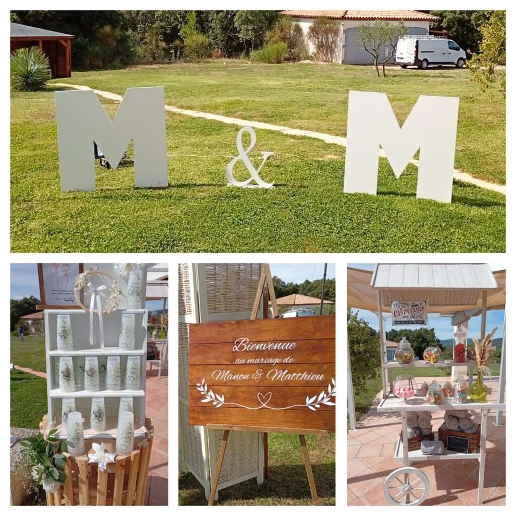 Décoration de mariage à Besse-sur-Issole avec lettres géantes XXL "M & M", panneau de bienvenue en bois personnalisé, candy bar et présentoir pour cadeaux invités.