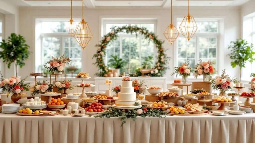 Buffet de mariage tendance 2026 avec arches fleuries, vaisselle élégante, gâteaux et fruits sur présentoirs dorés, compositions de roses et d’eucalyptus dans un décor moderne et lumineux.