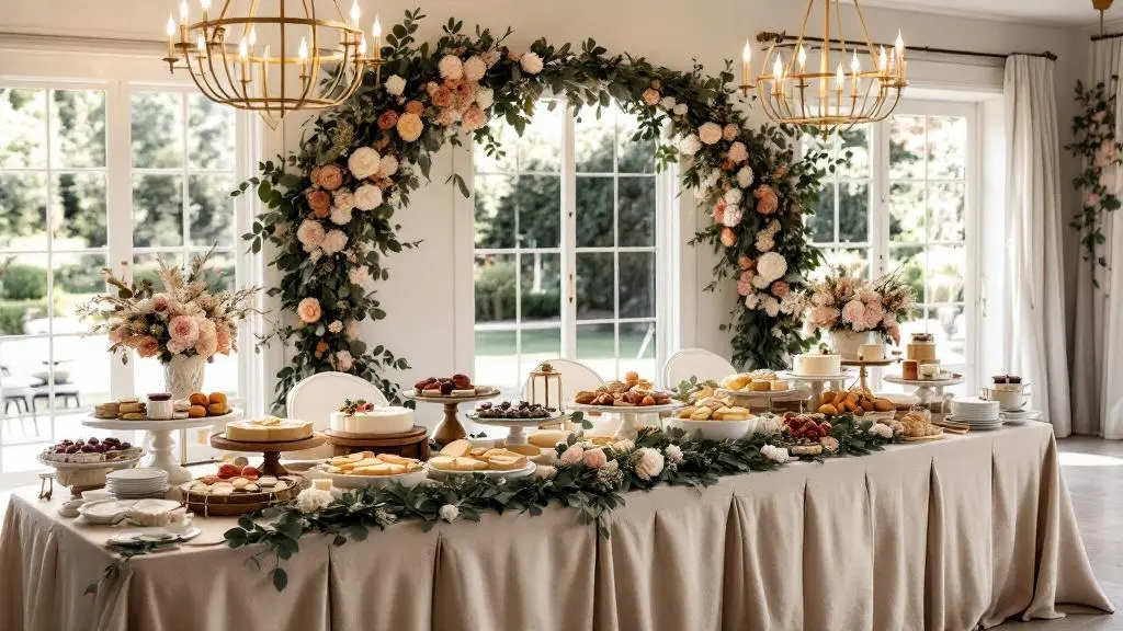 Buffet de mariage raffiné décoré de fleurs fraîches dans des tons pastel et terracotta, nappes en lin beige, compositions florales et vaisselle dorée dans une ambiance champêtre chic lumineuse.