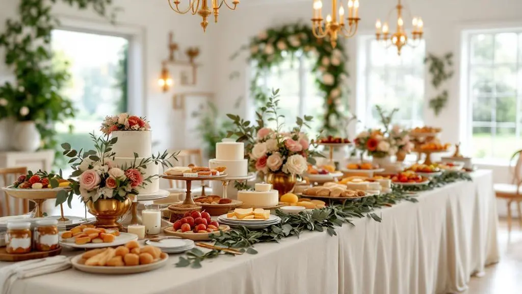 Grand buffet de mariage orné d’une arche fleurie, chandeliers dorés et compositions végétales élégantes, assorties à des gâteaux et fruits frais dans un décor romantique et naturel.