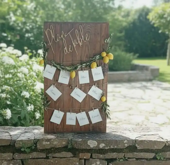 Plan de table en bois décoré de citrons et branches d’olivier, cartes suspendues et écriture élégante pour un mariage Dolce Vita provençal.