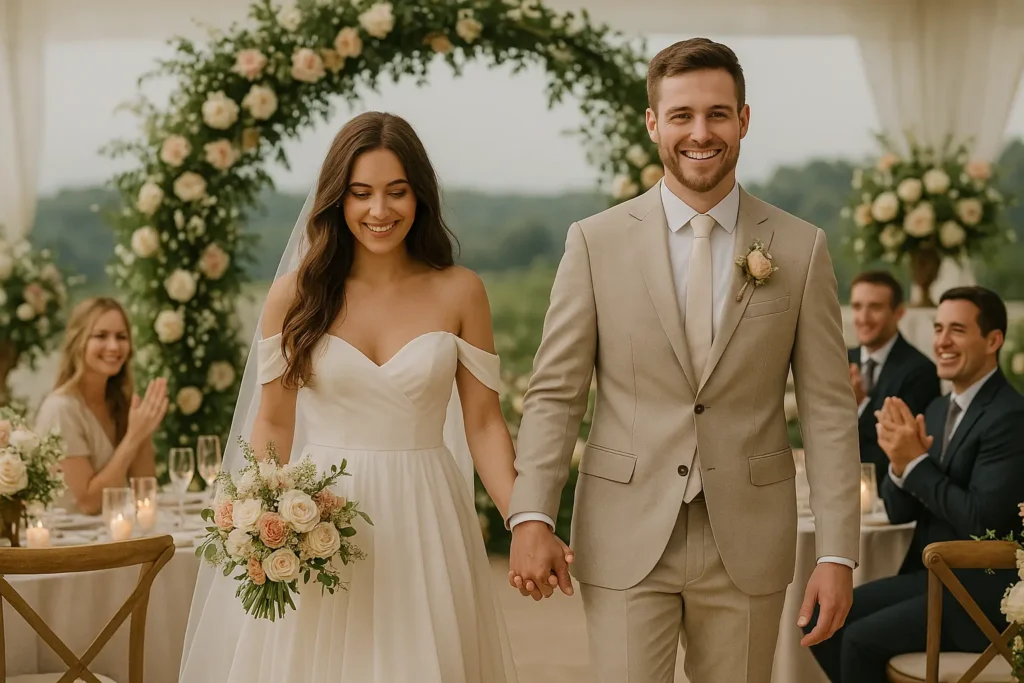 Un couple de jeunes mariés souriants marche main dans la main après la cérémonie, entouré d’invités applaudissant sous une arche fleurie de roses blanches et pêches, dans une ambiance élégante et romantique en extérieur.