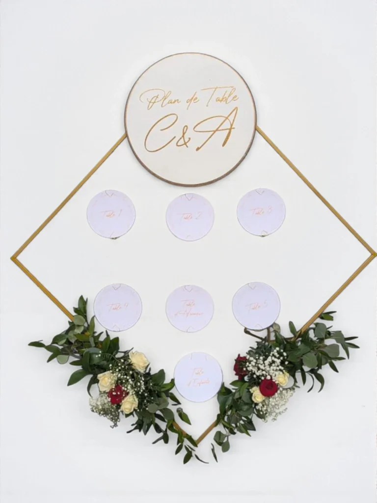 Plan de table personnalisée en métal couleur or avec bouquet de fleur à base de roses blanches, gypsophile et ruscus.