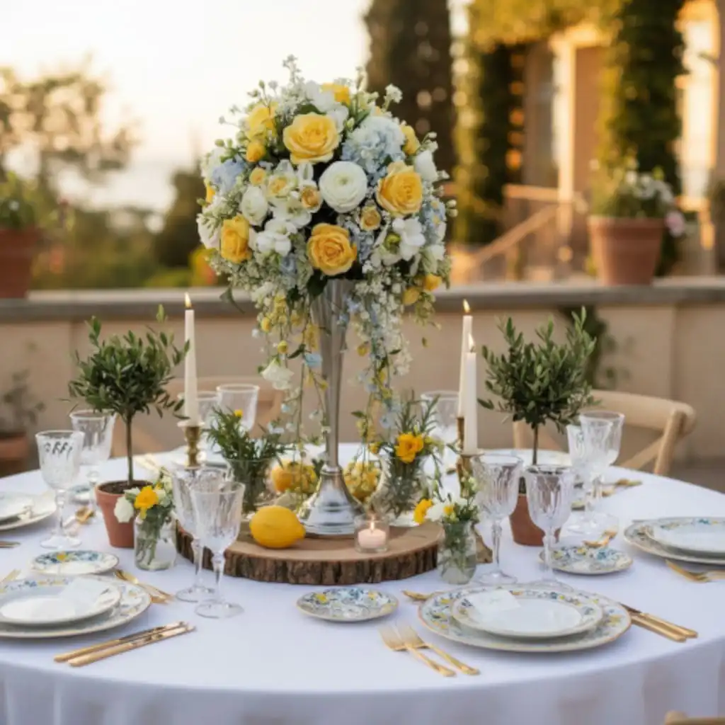 Table de mariage élégante en extérieur, décorée dans un style Dolce Vita italien, avec un grand centre de table composé de roses jaunes et blanches, d’hortensias bleu pâle et de feuillages. Autour, des bougies, des petits pots d’olivier, de la vaisselle raffinée et des touches de citron sur une nappe blanche.