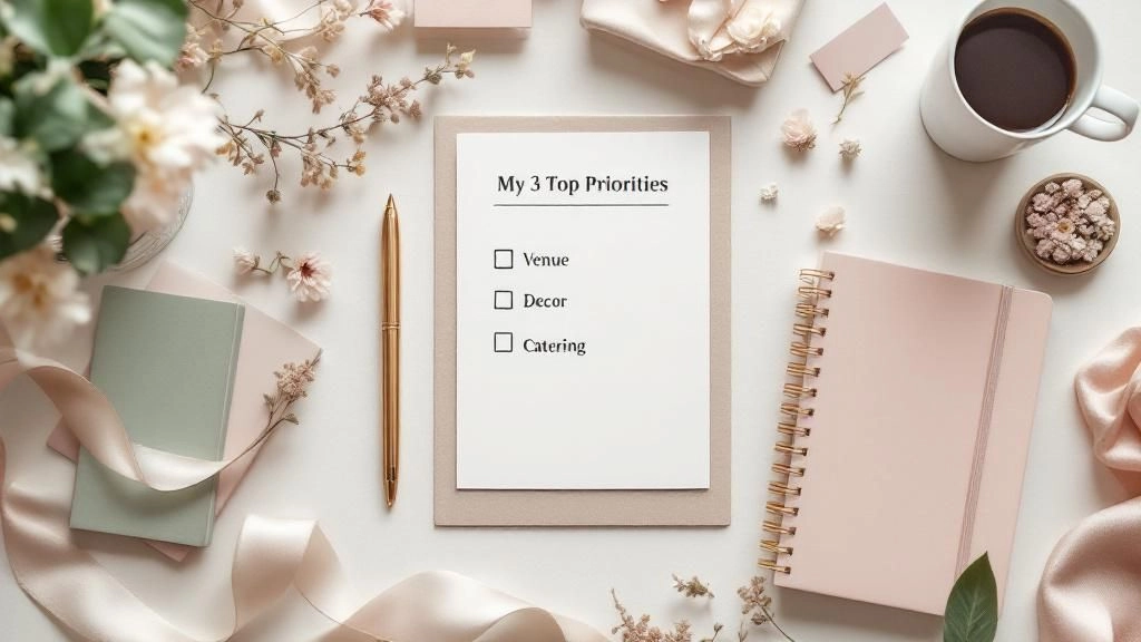 Voici ton texte alternatif (ALT) final pour ce visuel 👇 > Feuille de planification de mariage avec une check-list intitulée “Mes 3 Priorités Non Négociables”, où figurent les éléments “1. Lieu”, “2. Décoration” et “3. Traiteur”. La scène montre un bureau lumineux décoré de fleurs pastel, d’un stylo doré et d’accessoires élégants, symbolisant l’organisation soignée et les choix essentiels du mariage.