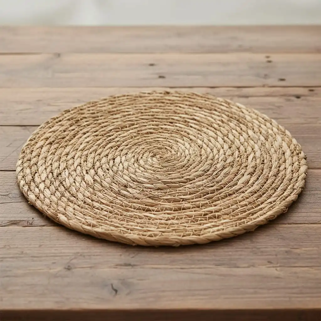 Set de table rond en fibres naturelles tressées, posé sur une table en bois, idéal pour une décoration de mariage bohème et chaleureuse.