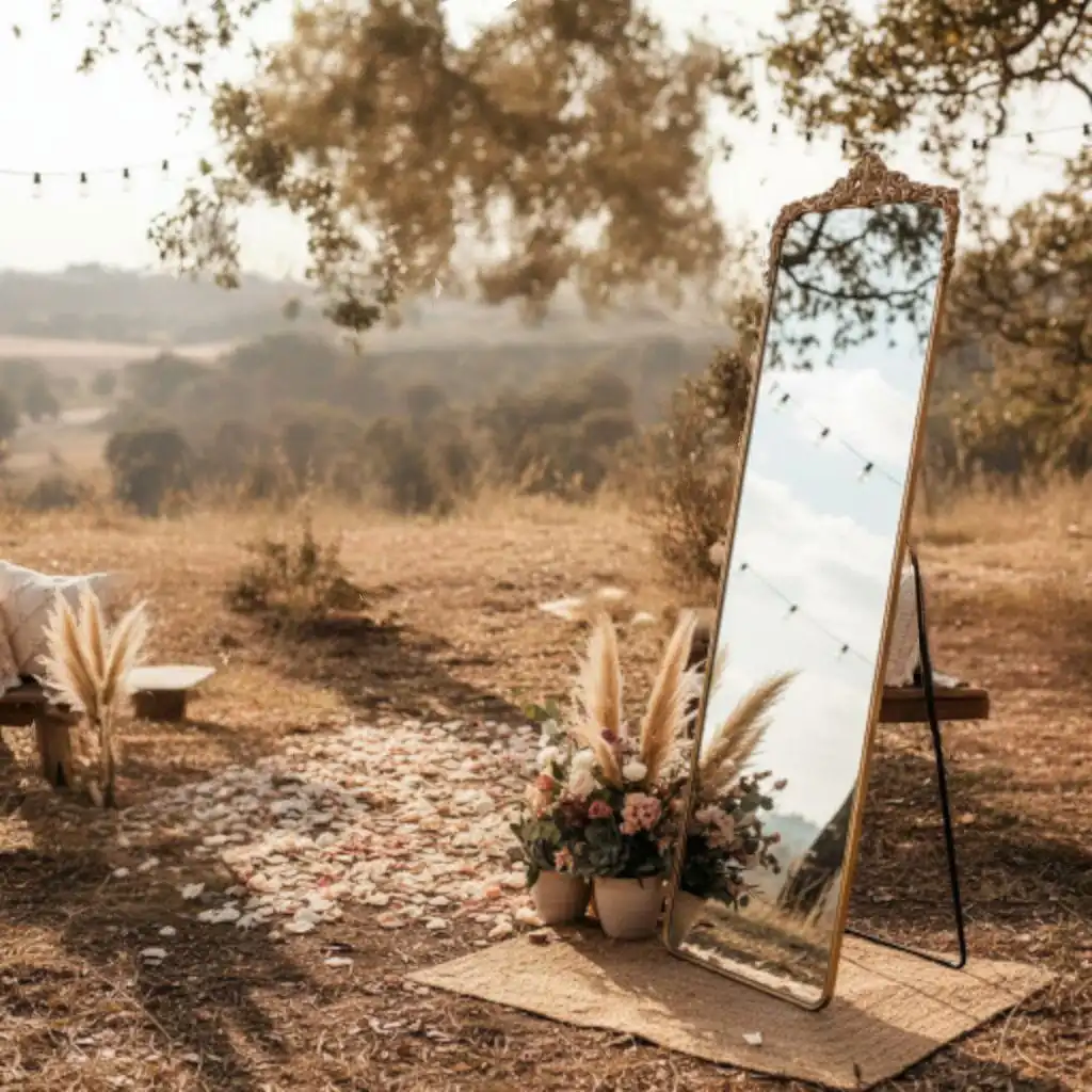 Grand miroir rectangulaire doré vintage sur pied, utilisé comme miroir de bienvenue pour mariage en extérieur avec fleurs et pampas.
