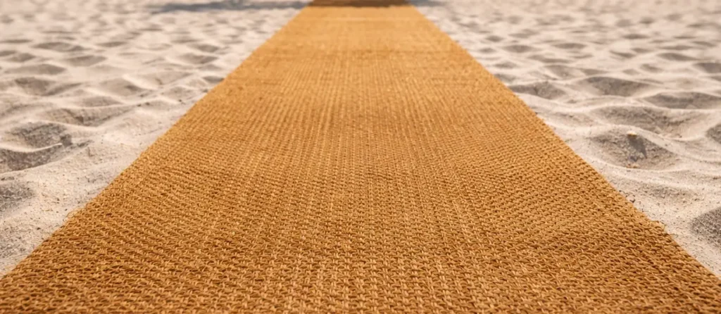 Allée de cérémonie en tapis coco en fibre naturelle installée sur la plage pour mariage bohème et cérémonie laïque