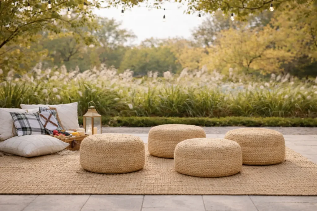 Poufs en jute pour un espace de mariage lounge bohème