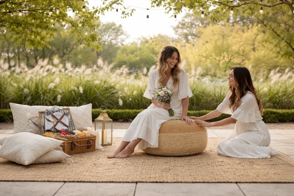 Location de tapis coco 2x2 m avec poufs naturels pour créer un espace lounge bohème lors d’un mariage en extérieur