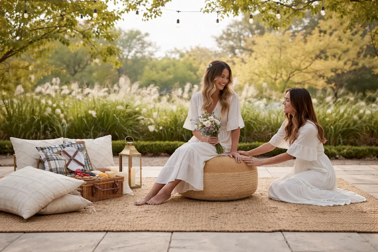 Espace lounge bohème de mariage avec tapis en jute naturel et poufs assortis pour coin détente en extérieur