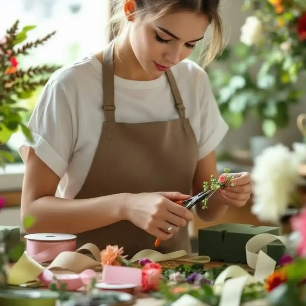 Création artisanale d’accessoire floral mariage dans l’atelier La Boutique d’Iliade