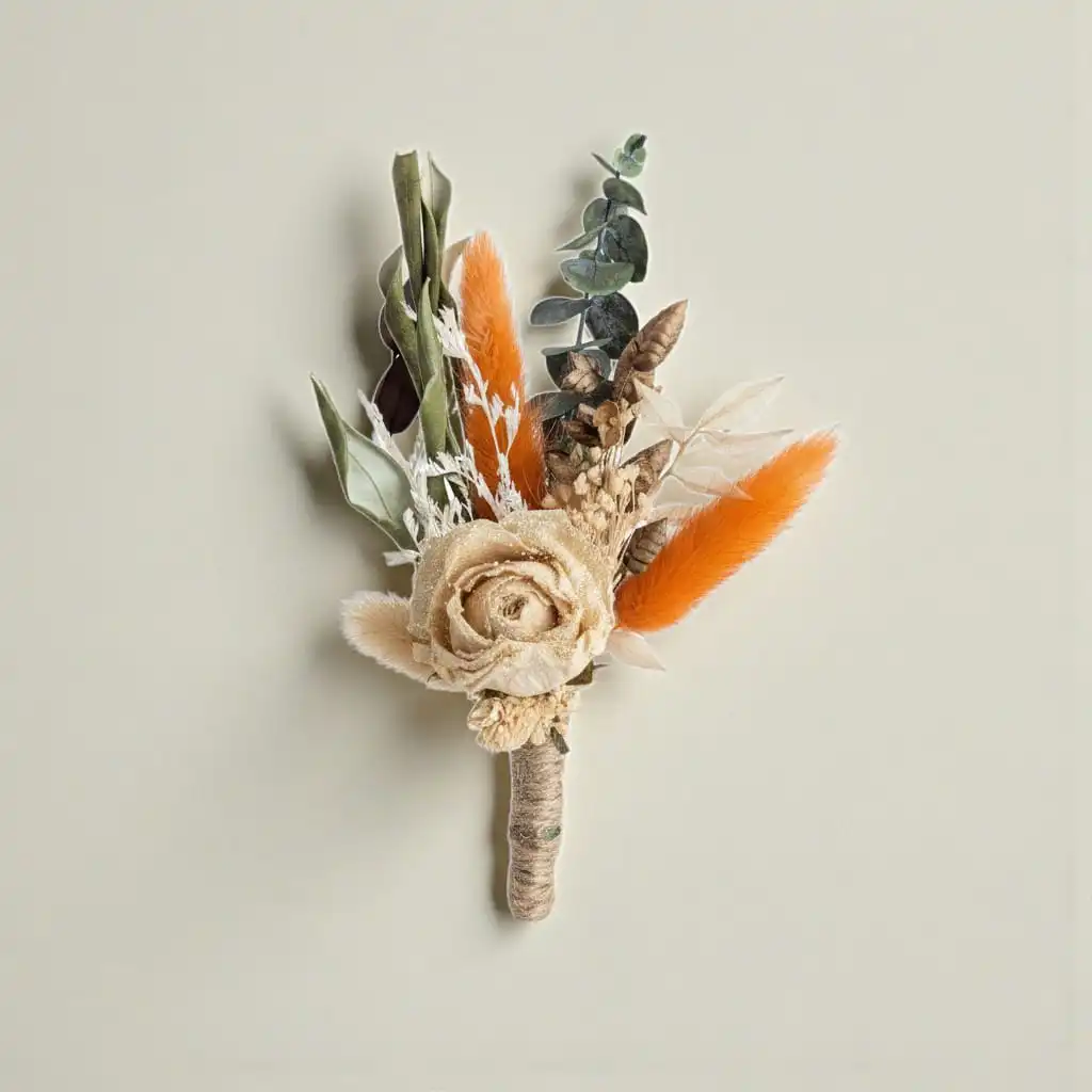 Boutonnière mariage fleurs séchées terracotta et eucalyptus style moody