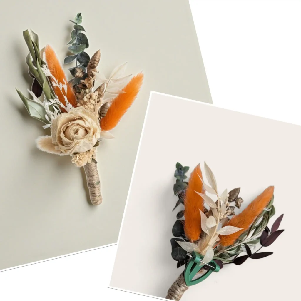 Composition boutonnière mariage terracotta eucalyptus