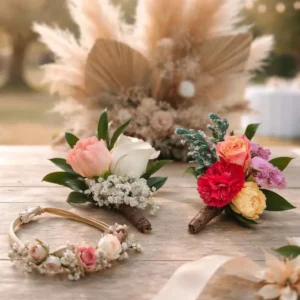 Collection d’accessoires floraux artisanaux mariage comprenant boutonnières et bracelet assorti