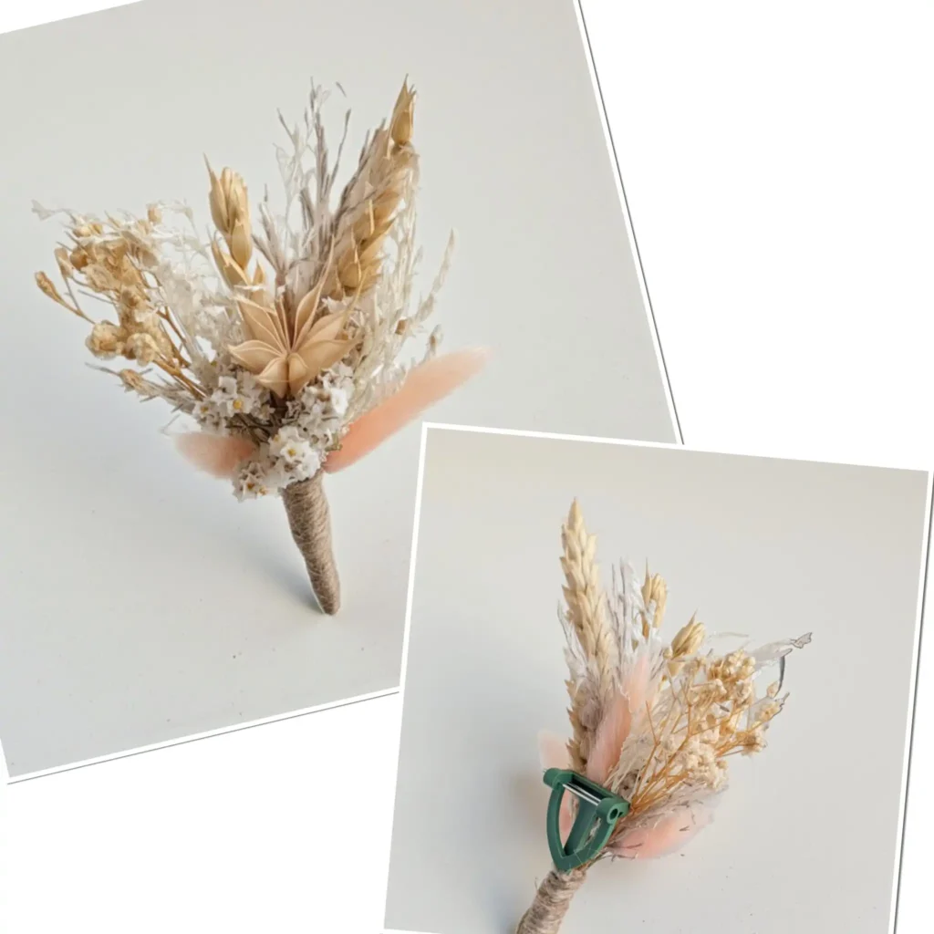 Détail de la boutonnière mariage champêtre beige en fleurs séchées avec blé naturel et tons nude