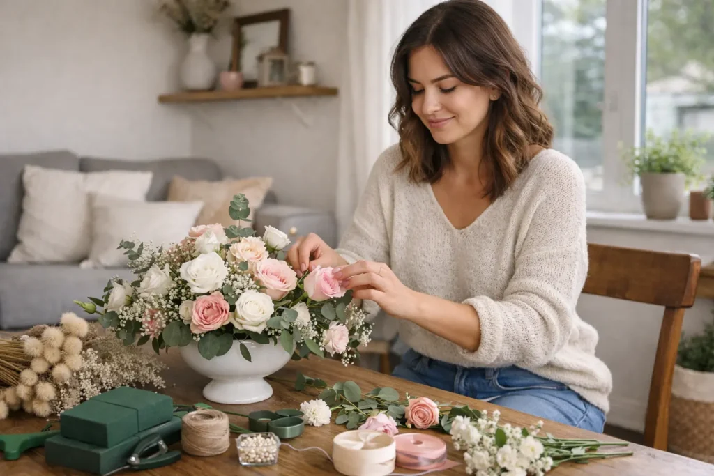 Mariée en tenue quotidienne réalisant une composition florale de mariage chez elle avec roses fraîches et matériel DIY sur table en bois.