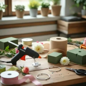 Matériel de création florale mariage DIY avec pistolet à colle, mousse florale et accessoires