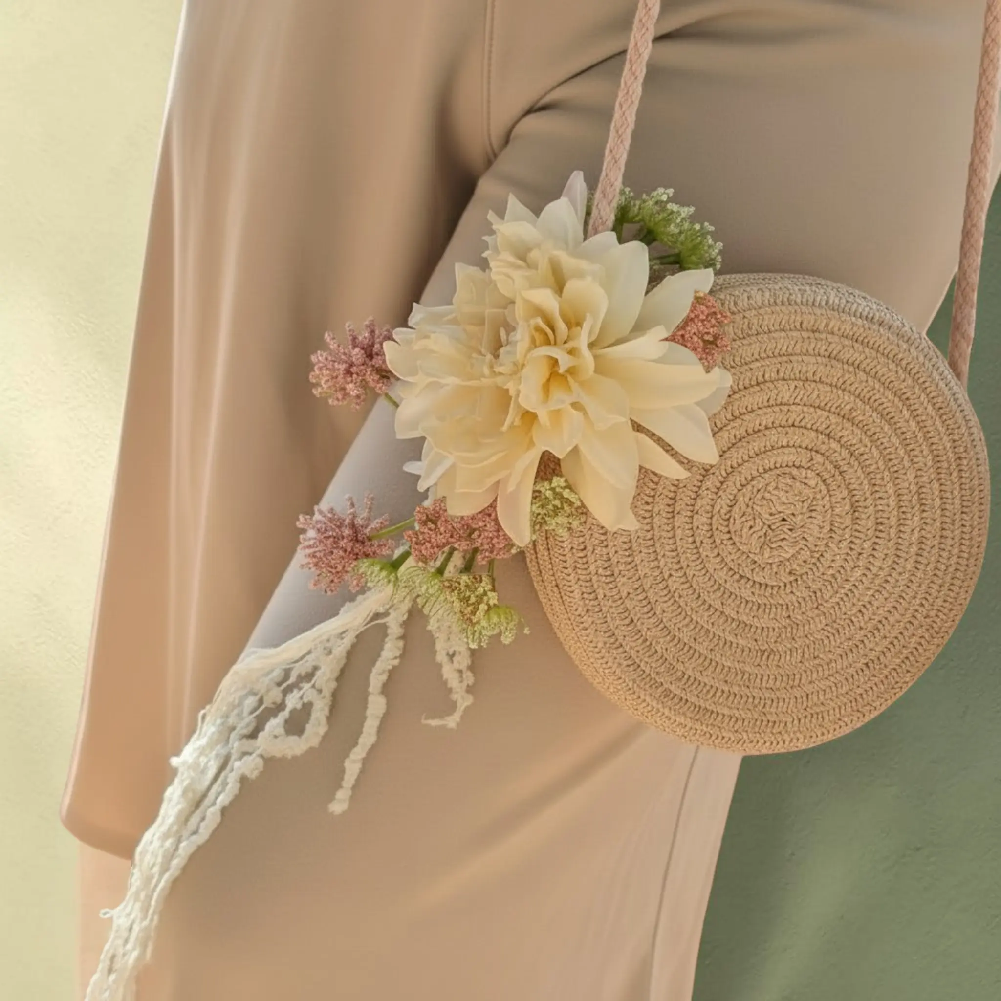 Sac rond mariage bohème naturel avec fleur ivoire porté en bandoulière