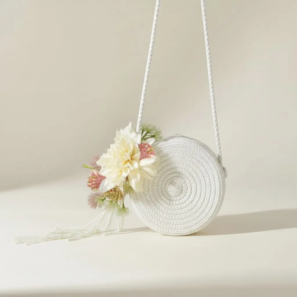 Sac rond mariage blanc avec fleur romantique et feuillage délicat