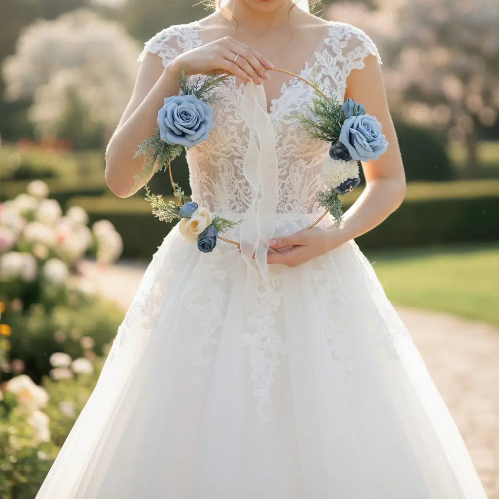 Porte-alliances floral rond pour mariage – Couronne dorée avec roses bleues