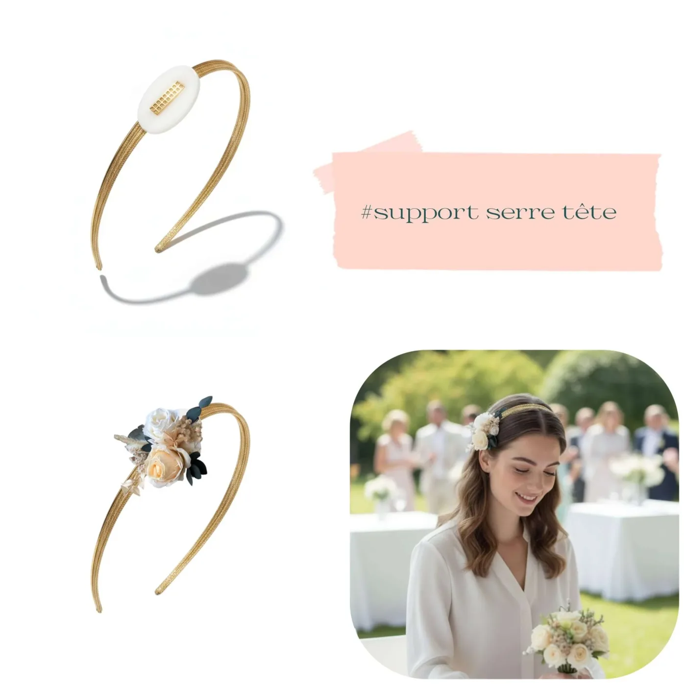 Serre Tête Mariage Doré avec Support Floral – Base pour Création Fleurs Séchées ou Artificielles