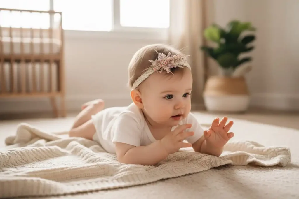 Bandeau bébé en fleurs séchées réalisé avec support bandeau DIY et pastille silicone, porté pour mariage ou baptême